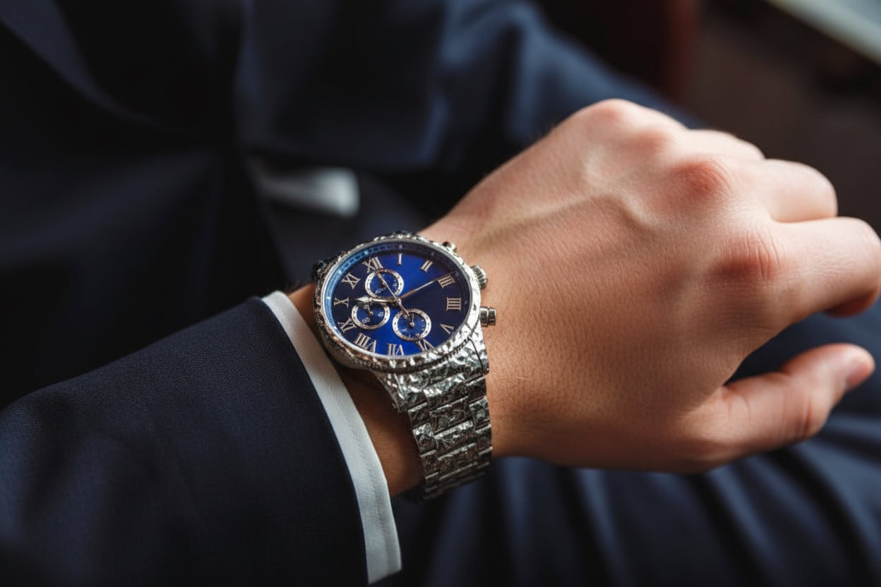 Hand wearing a silver watch with crushed finish and a blue face, close-up shot.